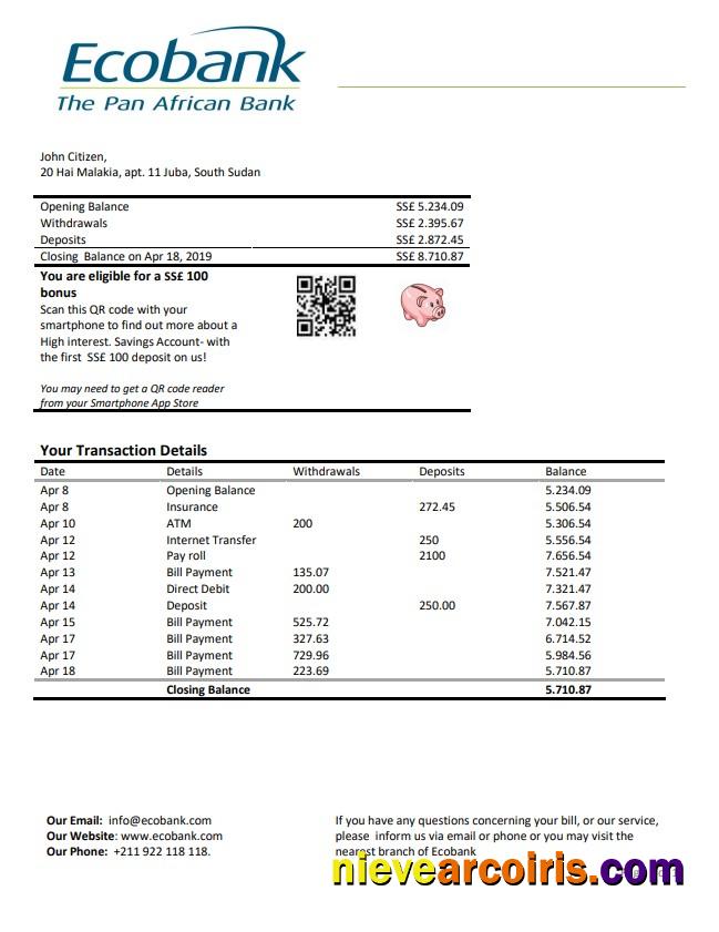 South Sudan Ecobank bank statement